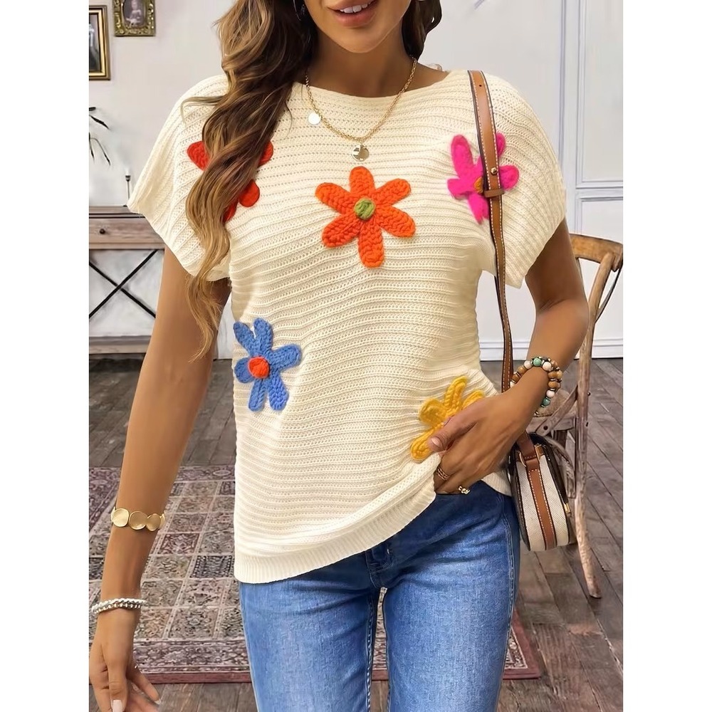 Unbranded Cream Knit Short Sleeve Sweater Top Floral Crochet NEW Sz S